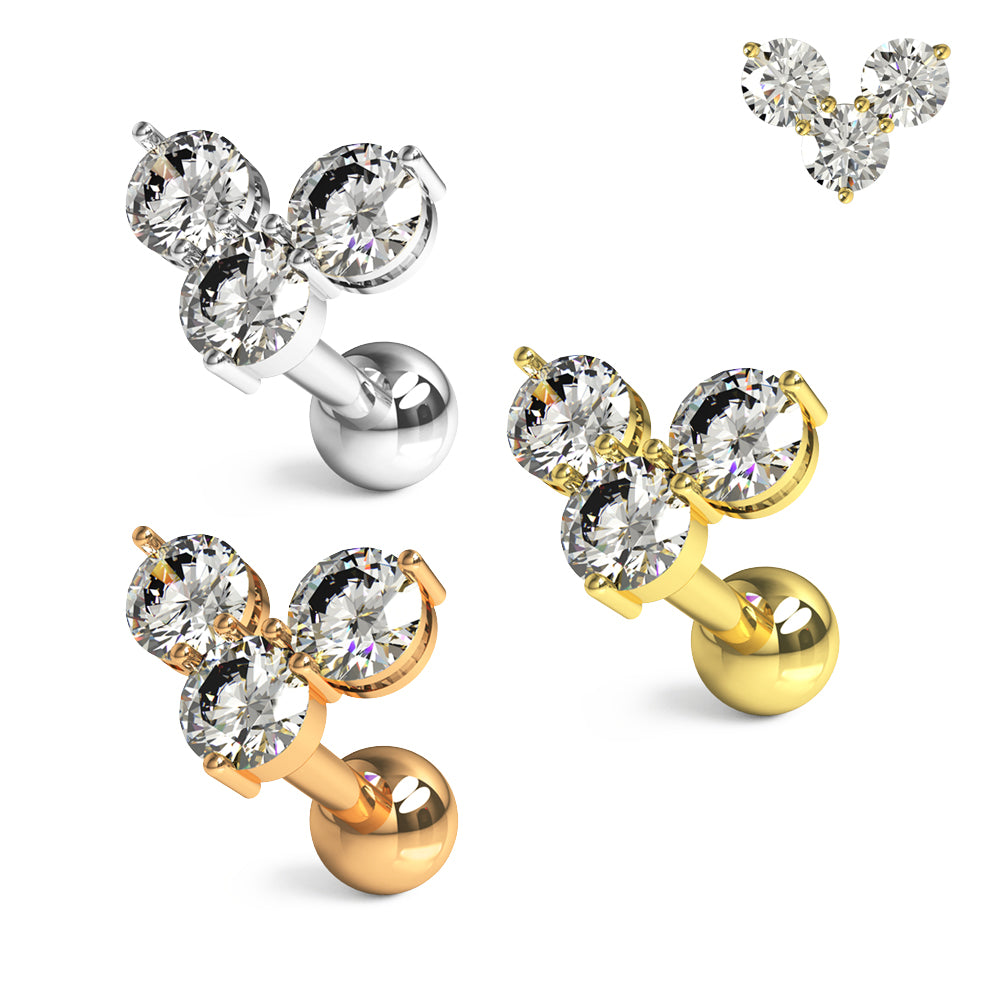Trinity Heart Jeweled Cartilage Helix Tragus Piercing Ear Stud