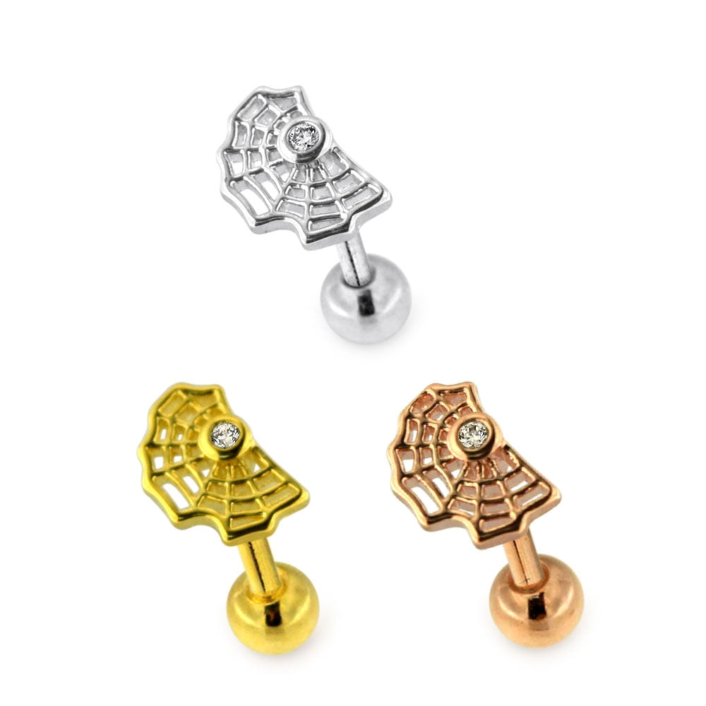 Tiny Jeweled Spider Web Cartilage Helix Tragus Piercing Ear Stud