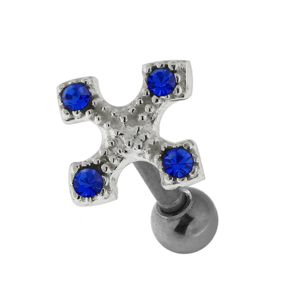 Jeweled Irish Cross 925 Sterling Silver Cartilage Tragus Piercing Aquamarine