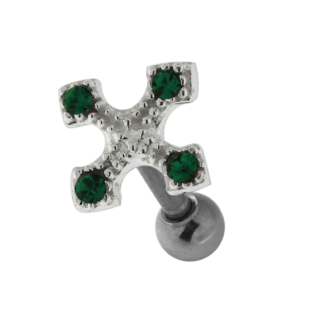 Jeweled Irish Cross 925 Sterling Silver Cartilage Tragus Piercing Dark Green