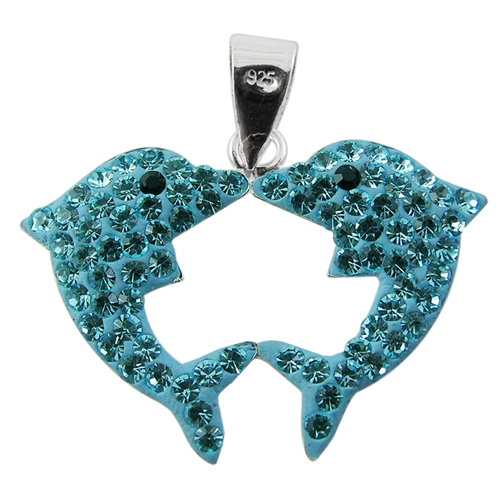 Crystal stone Two Dolphins Silver Pendent