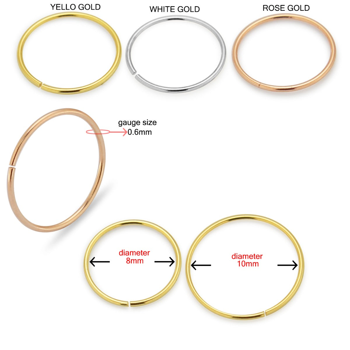 10K Gold Seamless Nose and Tragus Hoop Ring