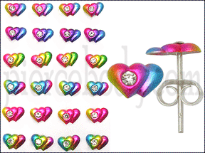 Jeweled Double Heart Ear Studs in a 12 pair Tray