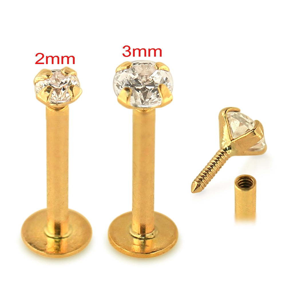 14K Gold Internal Thread Lip Labret with Round Jeweled Top