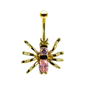 14K Gold Pink Jeweled Spider Navel Belly Piercing Bar
