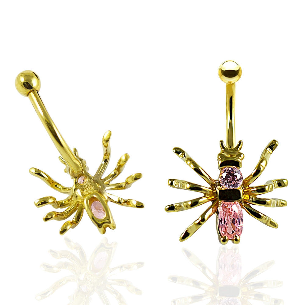 14K Gold Pink Jeweled Spider Navel Belly Piercing Bar