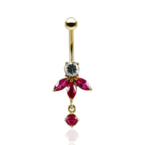 14K Gold Red CZ Jeweled Floral Navel Belly Ring