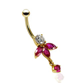 14K Gold Red CZ Jeweled Floral Navel Belly Ring