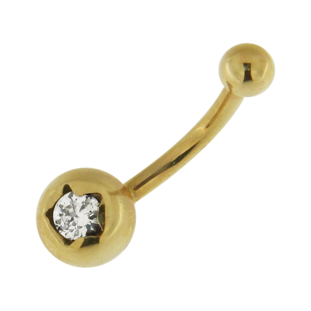 14K Gold Single Star Curved Bar Belly Ring with Zirconia