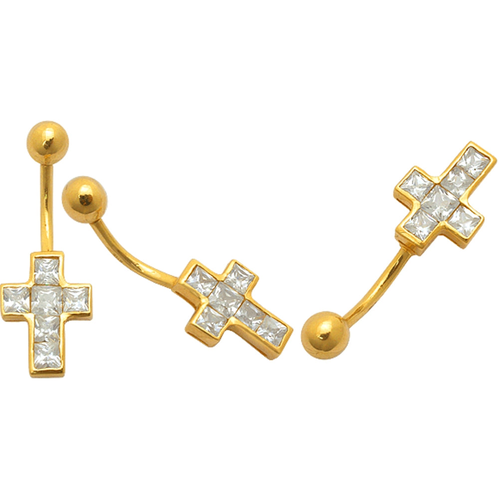 Jeweled Cross 14K Gold Belly Ring