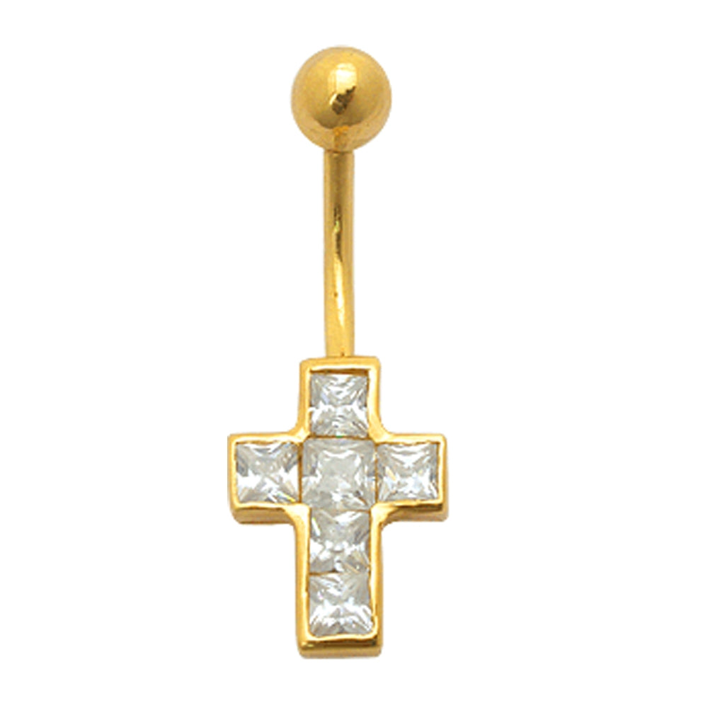 Jeweled Cross 14K Gold Belly Ring