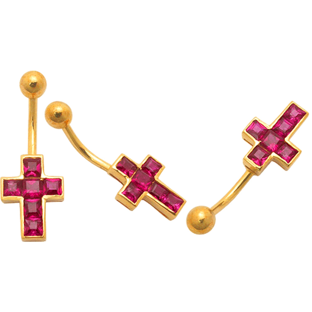 Red Jeweled Cross 14K Gold Belly Banana Ring