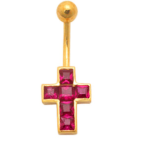 Red Jeweled Cross 14K Gold Belly Banana Ring