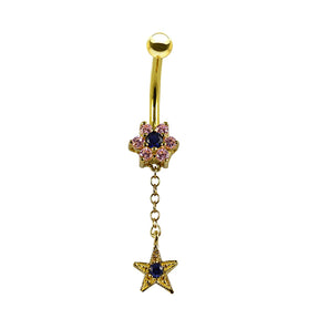 14K Gold Jeweled Floral Flower with Dangling Star Navel Belly Ring