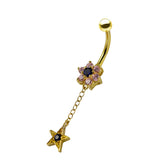 14K Gold Jeweled Floral Flower with Dangling Star Navel Belly Ring