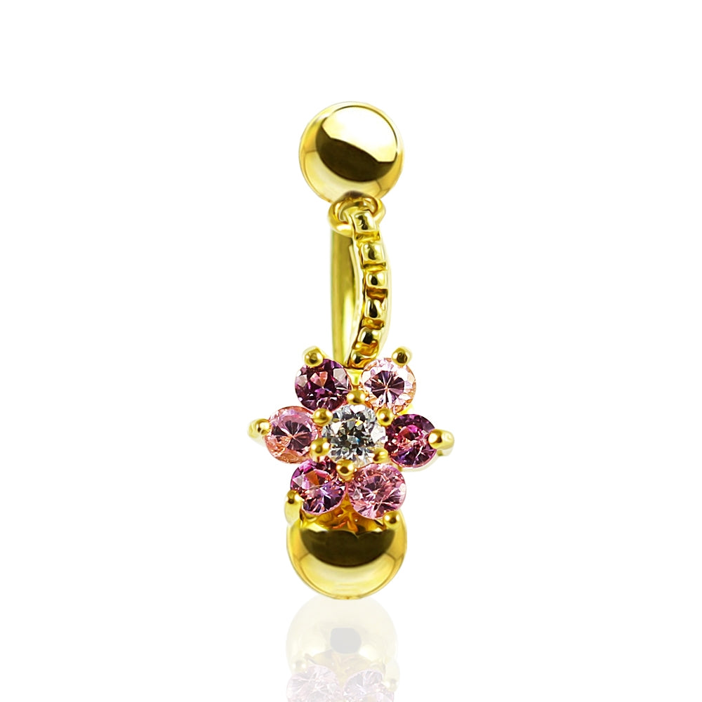 14K Gold Jeweled Floral Flower Reverse Dangling Navel Belly Ring