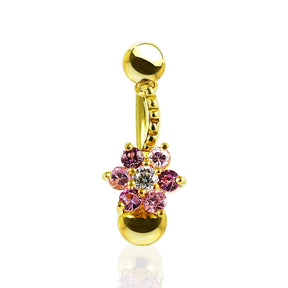 14K Gold Jeweled Floral Flower Reverse Dangling Navel Belly Ring