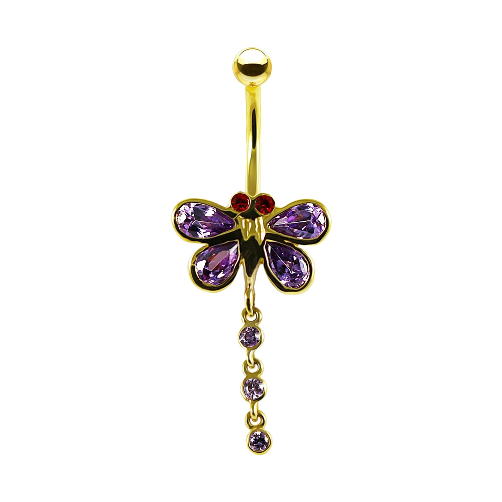 14K Gold Purple Jeweled Butterfly Dangling Navel Belly Ring