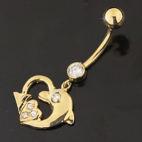 Dolphin Heart Shape Jeweled Dangling 14K Gold Navel Ring