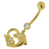 Dolphin Heart Shape Jeweled Dangling 14K Gold Navel Ring