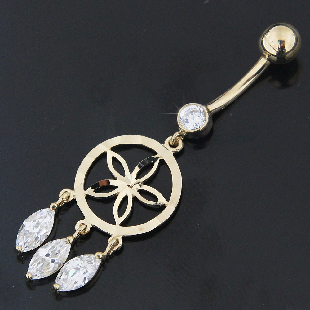 Jeweled Dangling 14K Old Look Gold Belly Ring