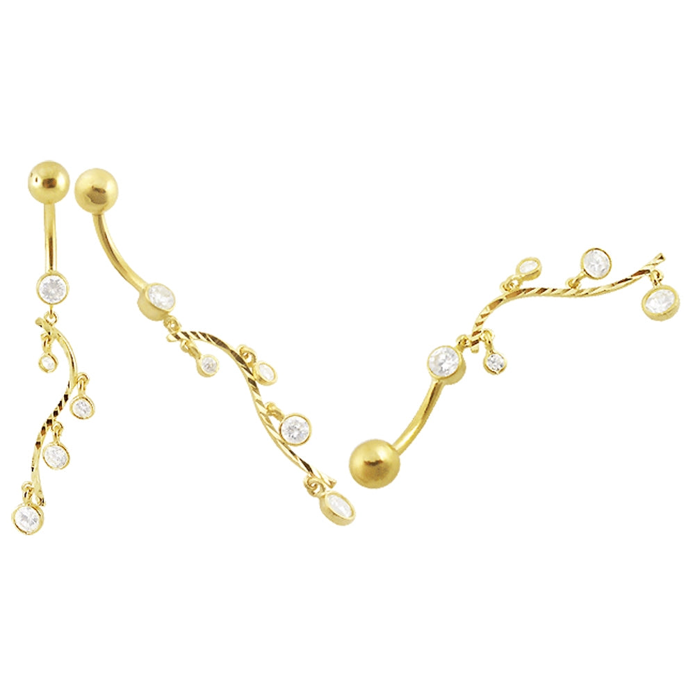 Fancy CZ Jeweled Hollow Design Dangling 14K Gold Curved Belly Ring