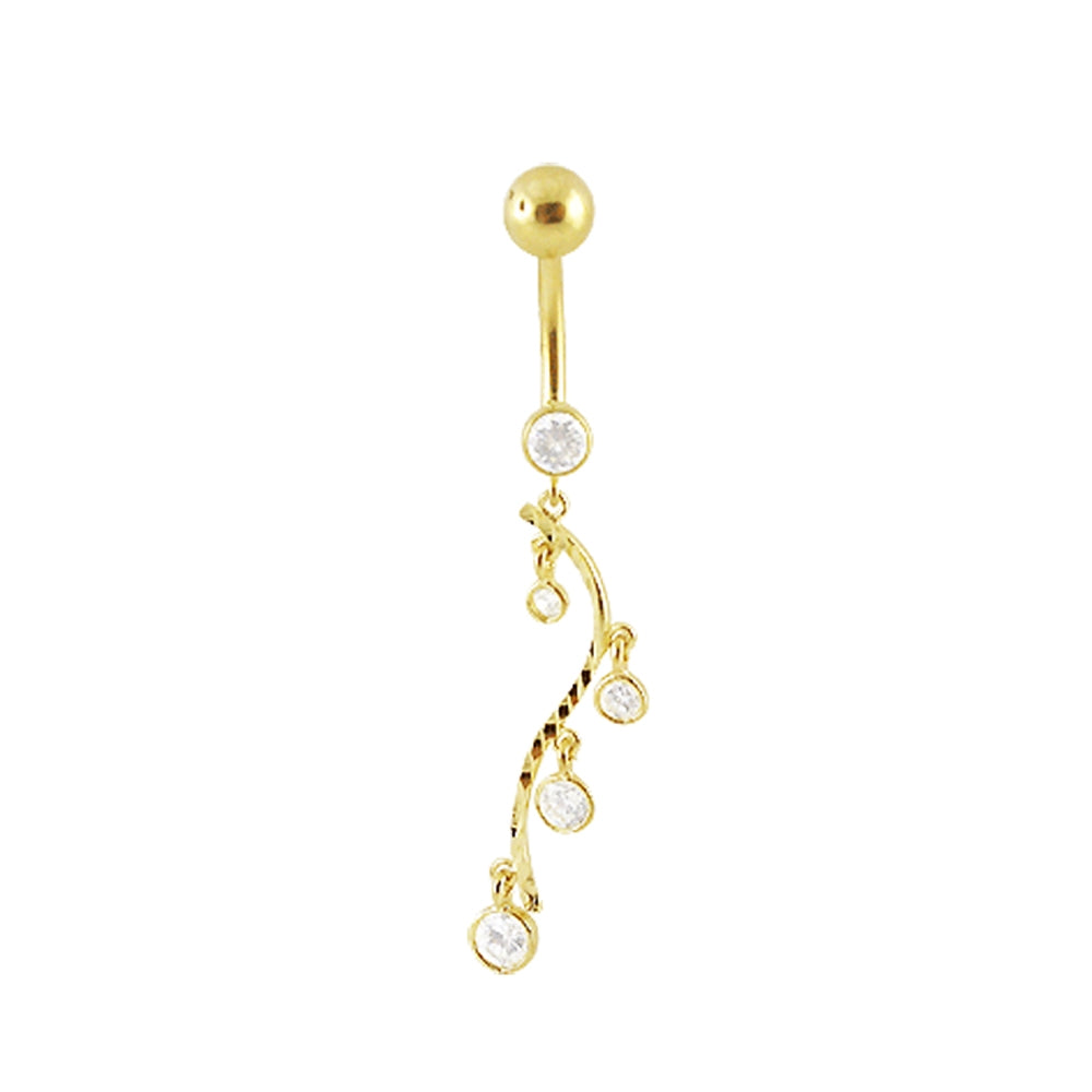 Fancy CZ Jeweled Hollow Design Dangling 14K Gold Curved Belly Ring