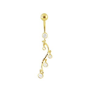 Fancy CZ Jeweled Hollow Design Dangling 14K Gold Curved Belly Ring