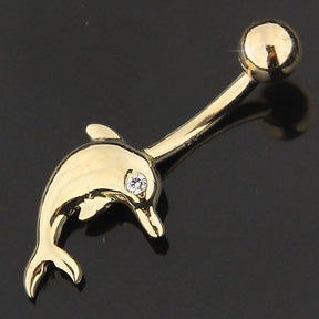 Jeweled Dolphin 14K Gold Curved Bar Navel Belly Ring