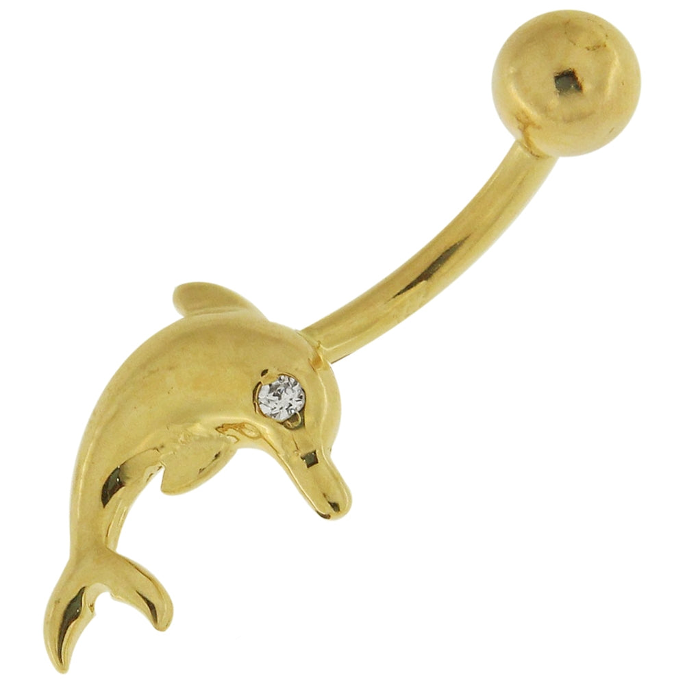 Jeweled Dolphin 14K Gold Curved Bar Navel Belly Ring