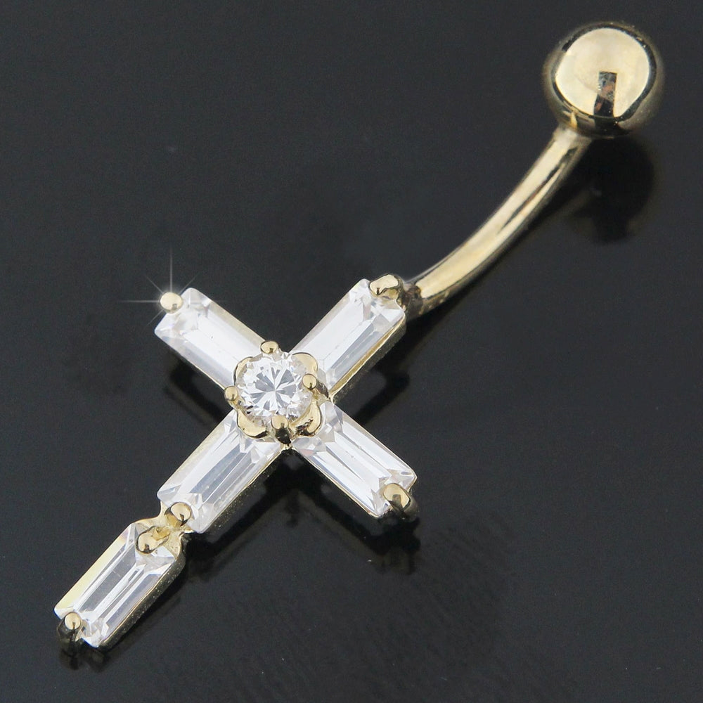 Jeweled Cross 14K Gold Banana Bar Belly Ring