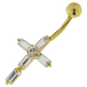 Jeweled Cross 14K Gold Banana Bar Belly Ring