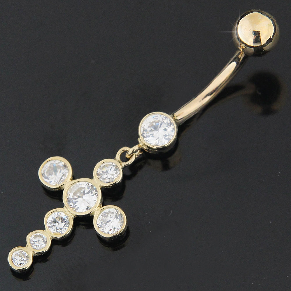 Zirconia Jeweled Dangling Cross 14K Gold Navel Ring