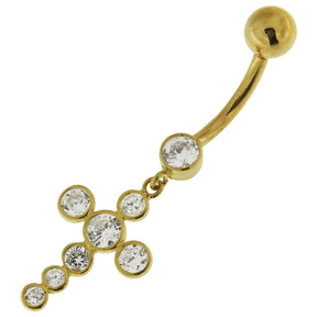 Zirconia Jeweled Dangling Cross 14K Gold Navel Ring