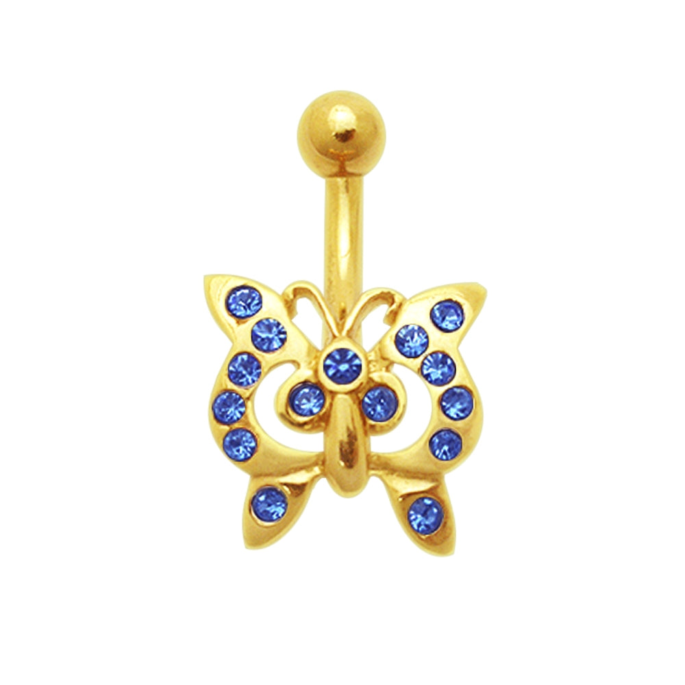 Dark Blue Jeweled Butterfly 14K Gold Belly Ring