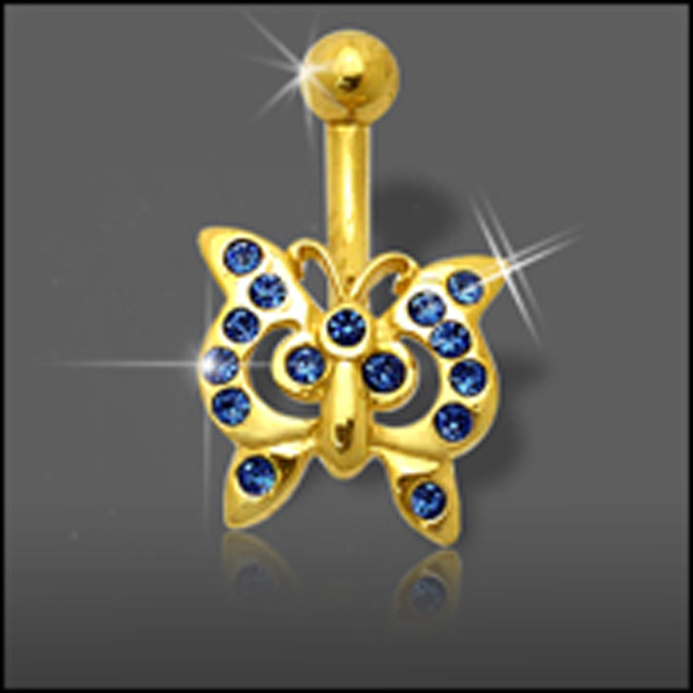 Dark Blue Jeweled Butterfly 14K Gold Belly Ring