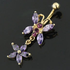 Jeweled Butterfly Dangling 14K Gold Belly Ring