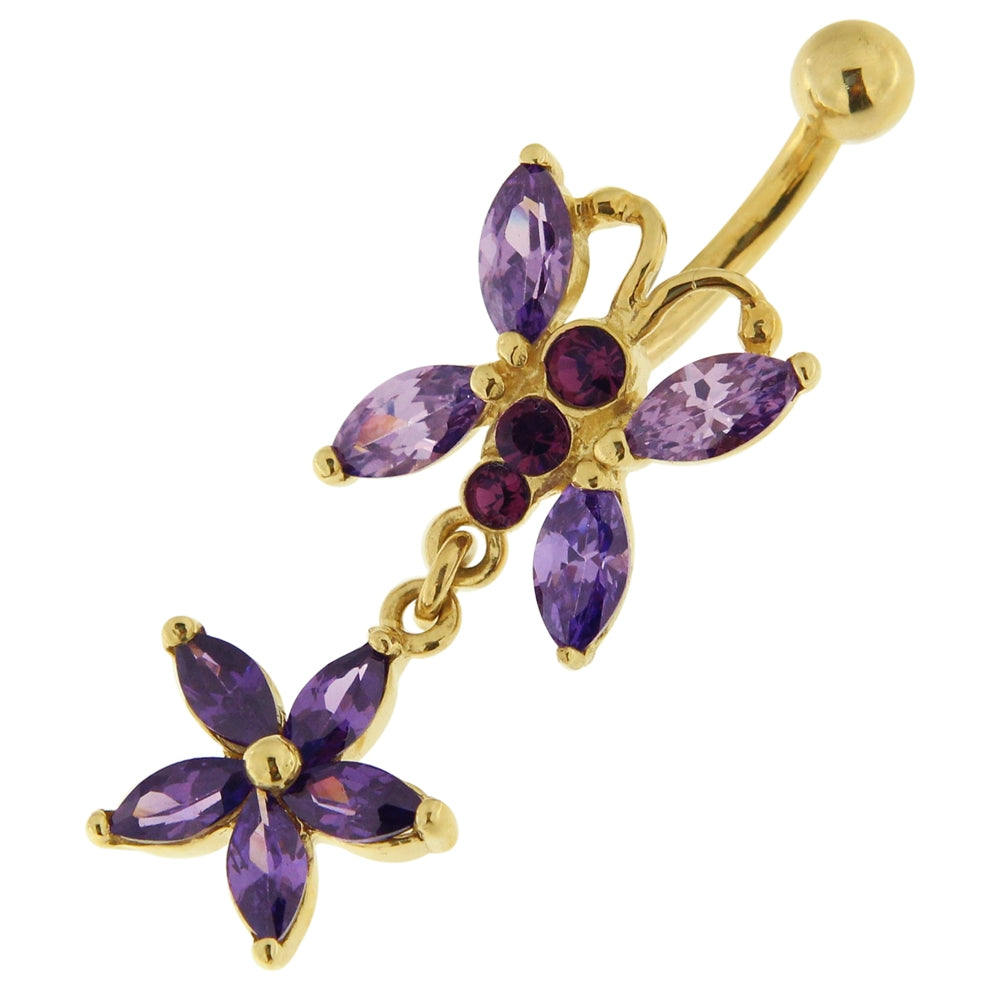Jeweled Butterfly Dangling 14K Gold Belly Ring