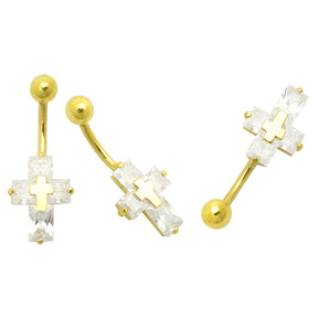 14K Gold Jeweled Cross Navel Ring