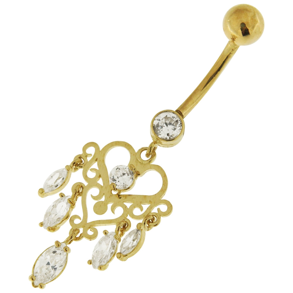 CZ Studded Dangling 14K Gold Banana Bar Belly Ring