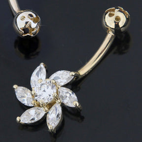 Flower Shape Jeweled 14K Gold Navel Ring Body Jewelry