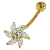 Flower Shape Jeweled 14K Gold Navel Ring Body Jewelry