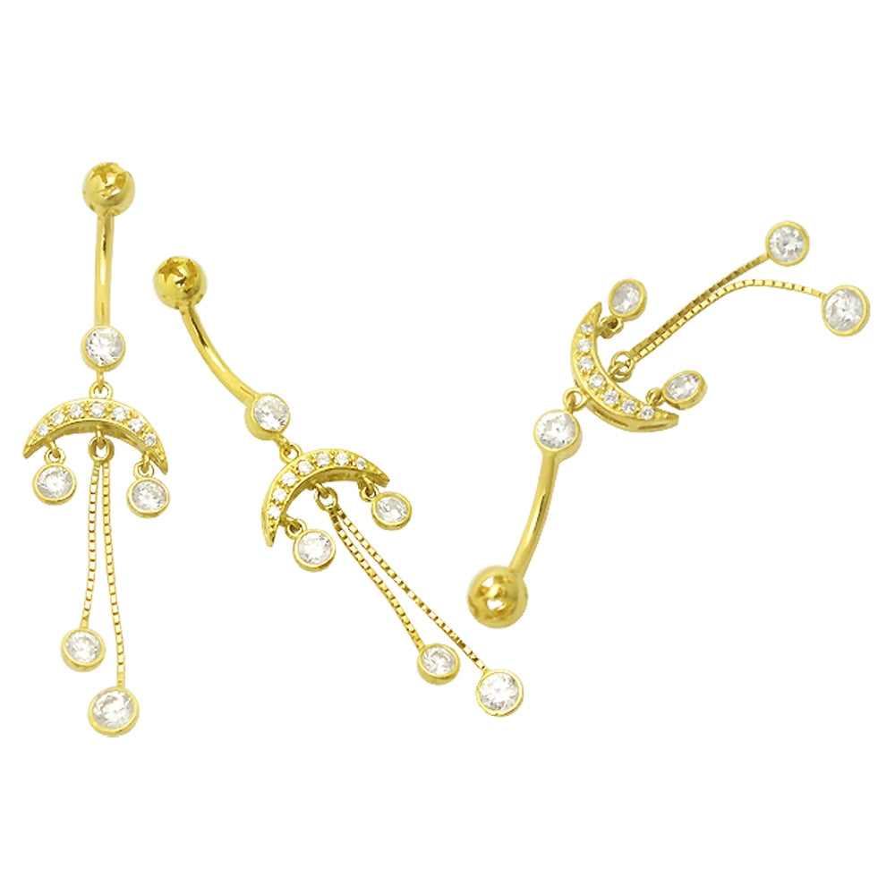 Dangling Tribal Design Jeweled 14K Gold Belly Ring