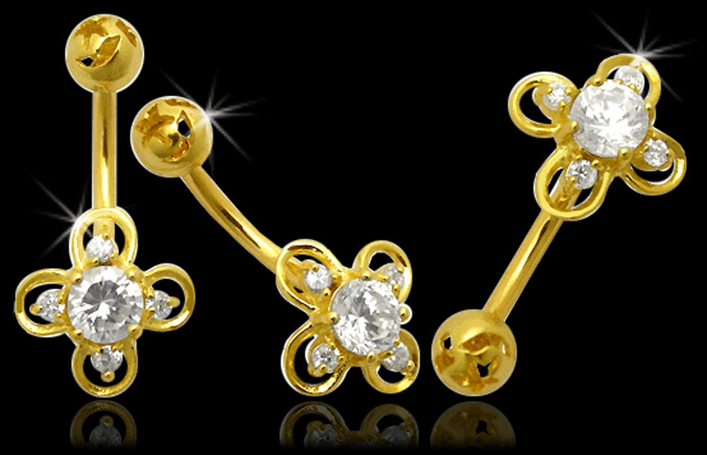 Jeweled Flower Shaped 14K Gold Belly Ring