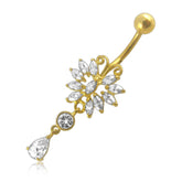 14G Dangling Jeweled 14K Gold Curved Bar Belly Ring