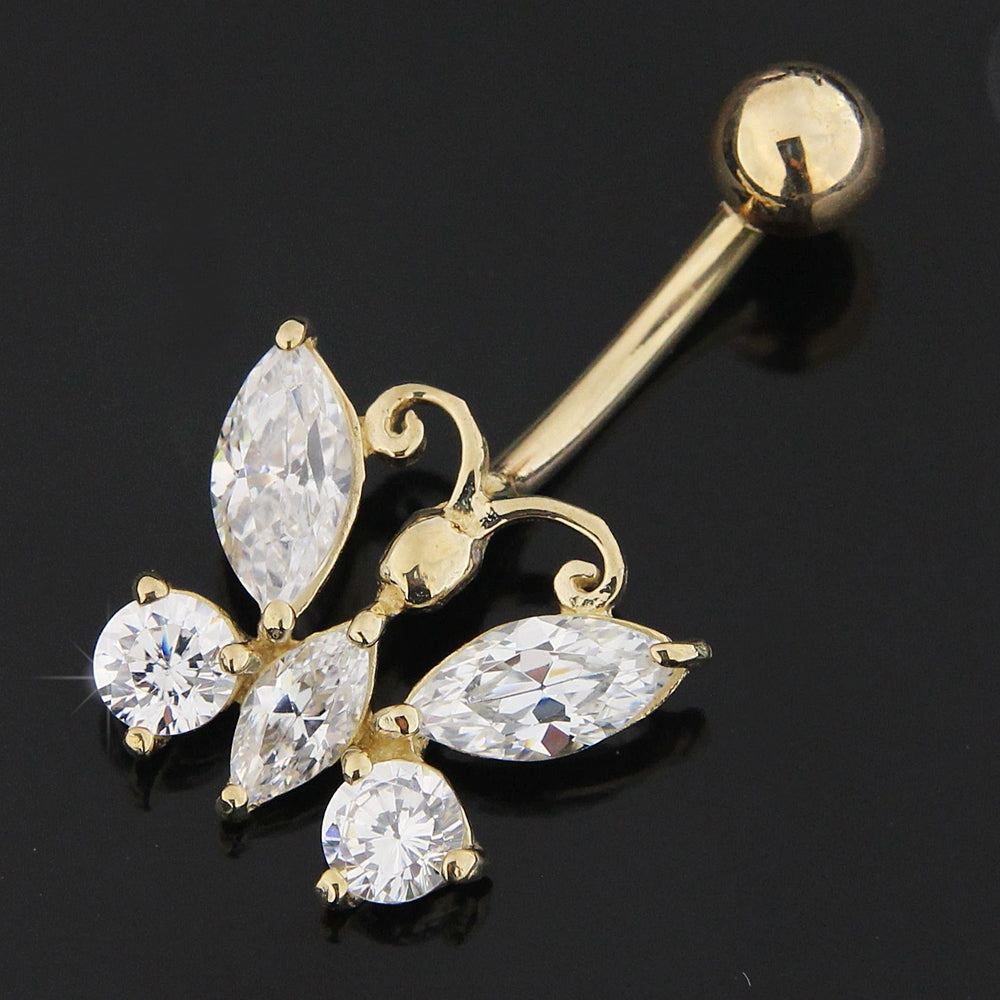 Butterfly Dangling Jeweled 14K Gold Navel Ring
