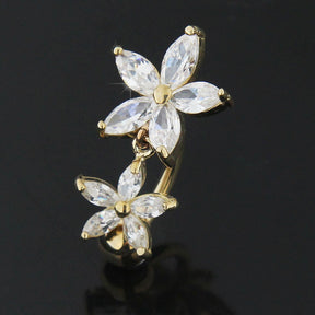 14K Gold Banana Bar Flower Dangling Jeweled Navel Ring Body Jewelry