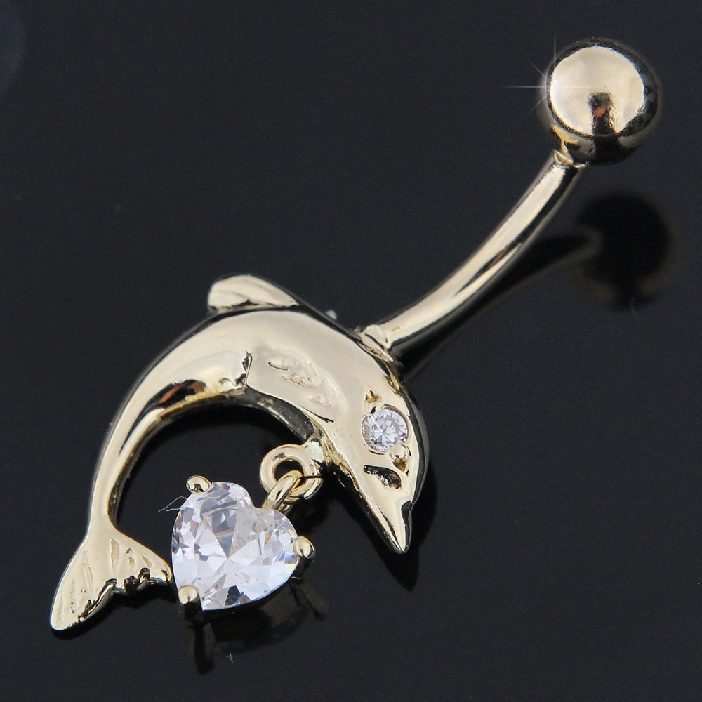 Jumping Dolphin with Dangling Jeweled Heart 14K Solid Yellow Gold Belly Ring