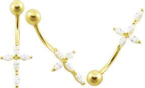 Jeweled 14K Gold Cross Belly Ring