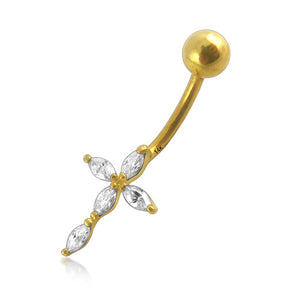 Jeweled 14K Gold Cross Banana Bar Navel Ring